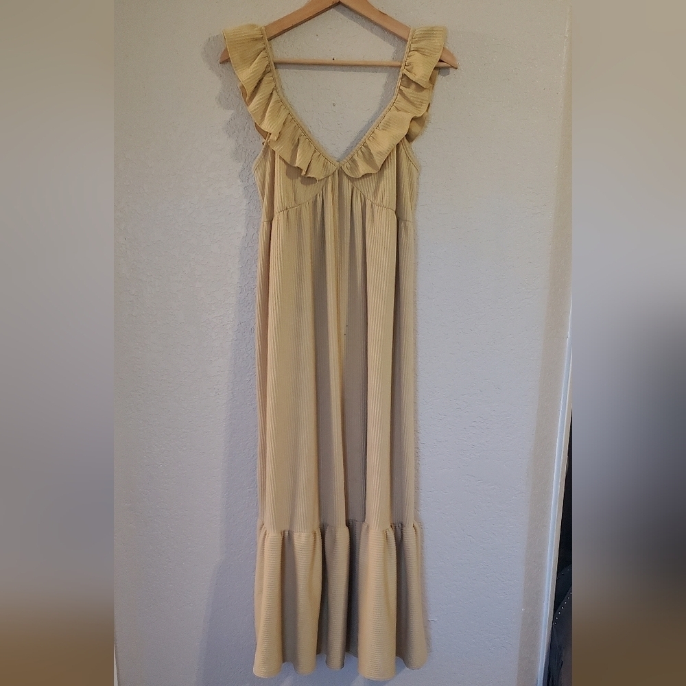 Caution To The Wind Cream Beige Ruffle Ribbed Long Maxi Dress Boho Stretchy Sale